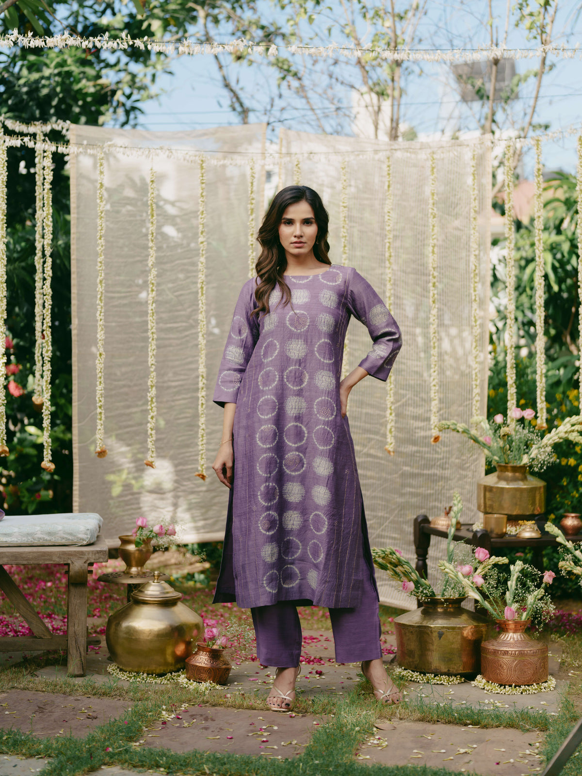 Taara Pure Silk Shibori Kurta Set of three in Lavender