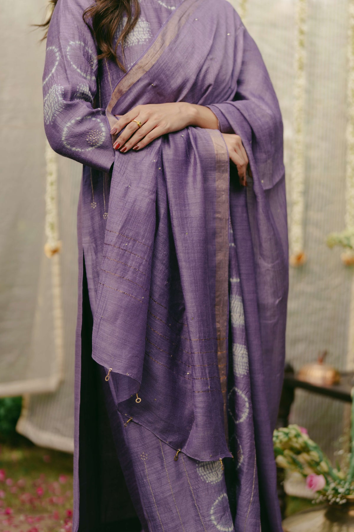 Taara Pure Silk Shibori Kurta Set of three in Lavender