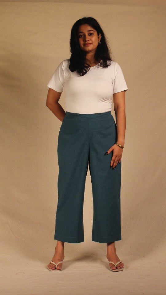 Turquoise Blue Cotton Easy Pants for Women | Ray Ethnic
