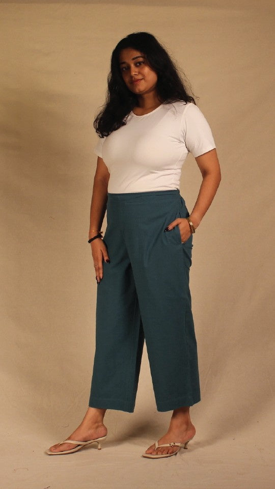 Turquoise Blue Cotton Easy Pants for Women | Ray Ethnic