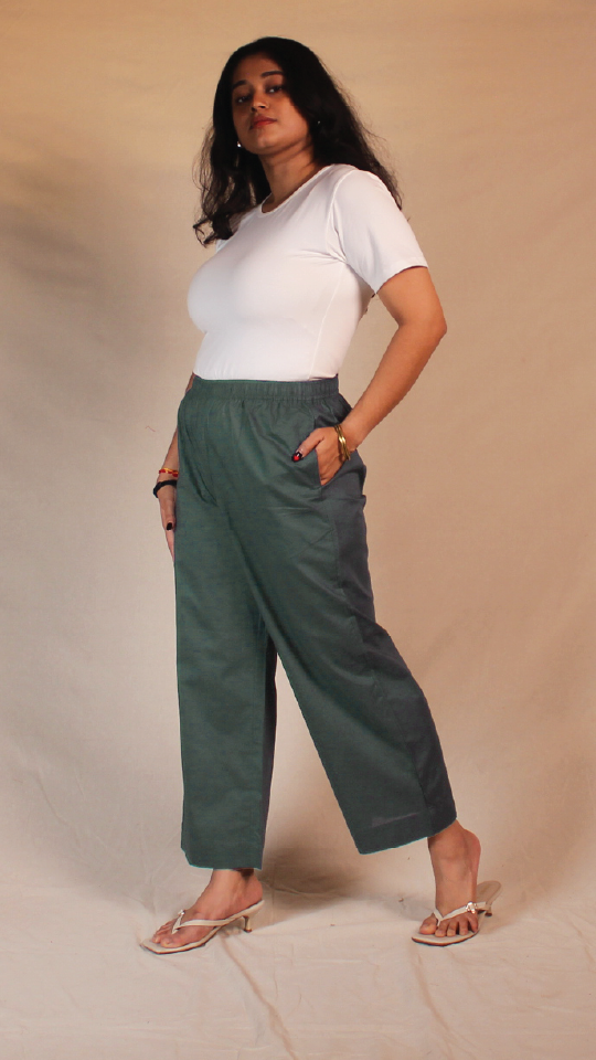 Women's Cotton Straight Pants with Pockets in Blue | Ray Ethnic
