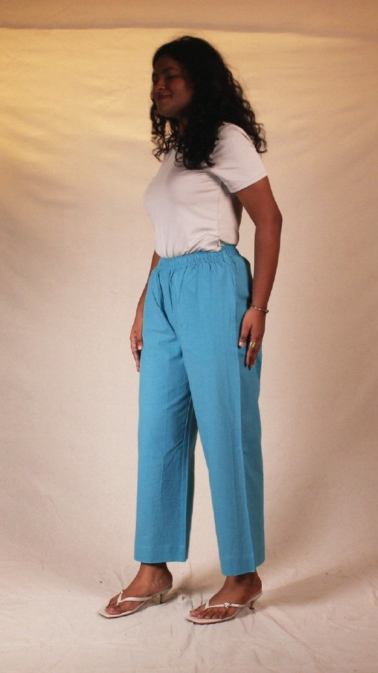 Aqua Blue Women's Cotton Straight Pants with Pockets | Ray Ethnic