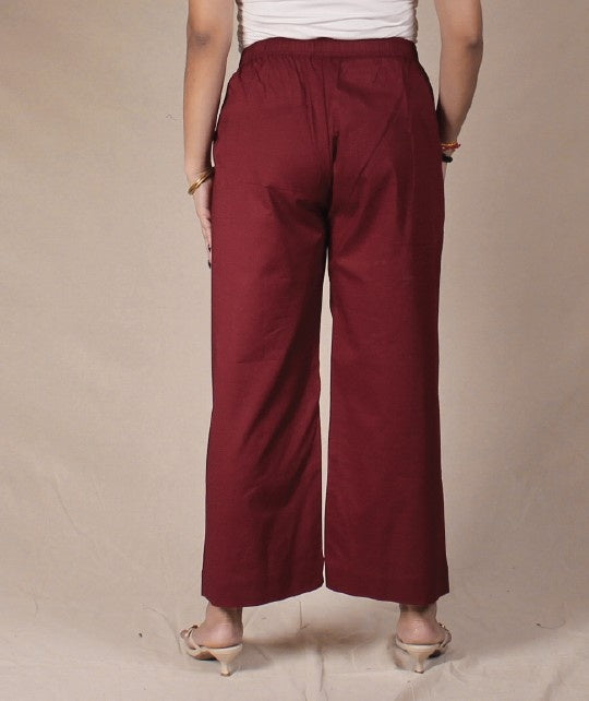 Women's Cotton Straight Pants with Pockets in Ajrakh Red | Ray Ethnic