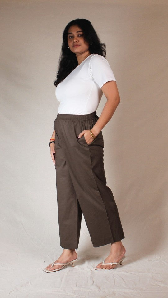 Brown Cotton Straight Pants with Pockets | Ray Ethnic