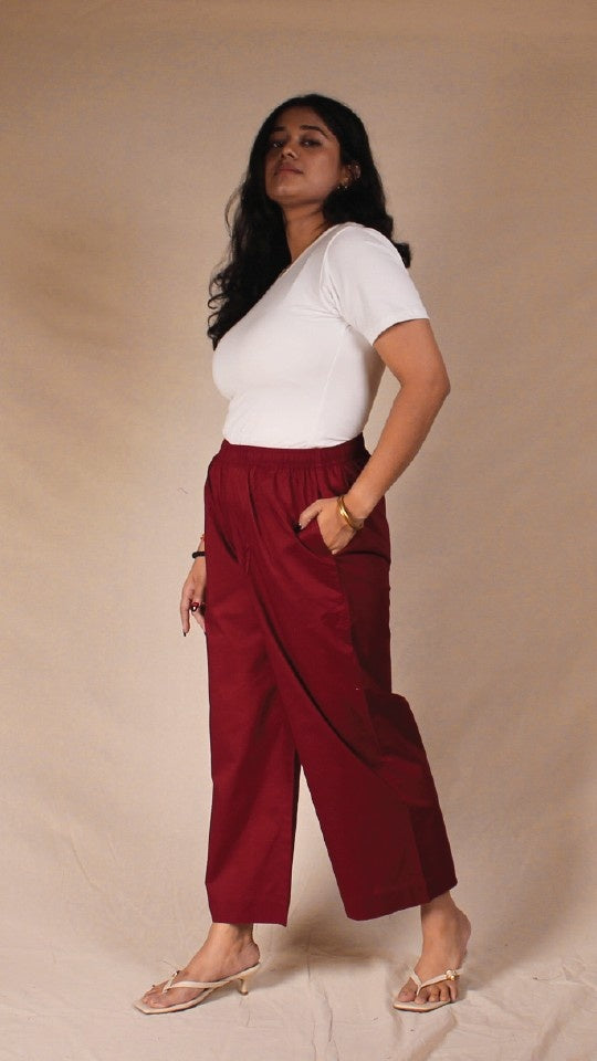 Women's Cotton Straight Pants with Pockets in Ajrakh Red | Ray Ethnic