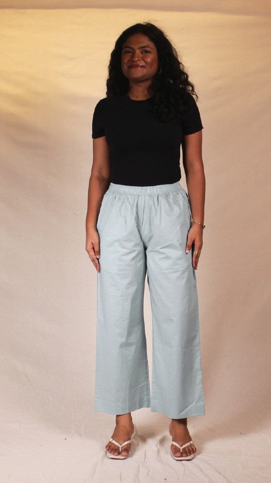 Sea Green Women's Solid Cotton Straight Pants with Pockets | Ray Ethnic
