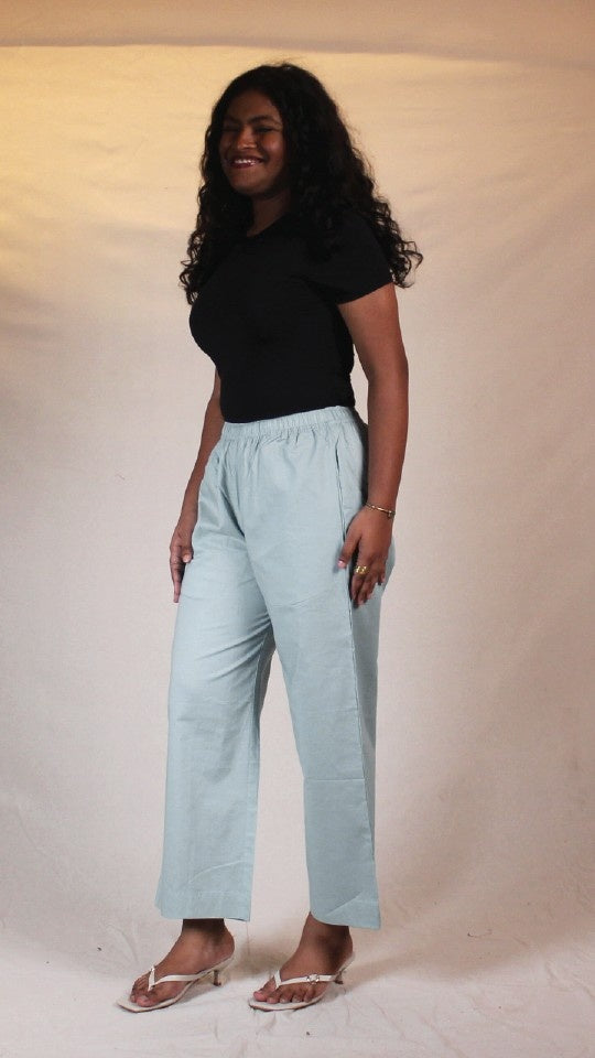 Sea Green Women's Solid Cotton Straight Pants with Pockets | Ray Ethnic