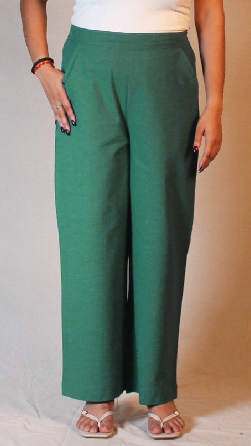 Turquoise Blue Airy Cotton Straight Trousers for Women | Ray Ethnic
