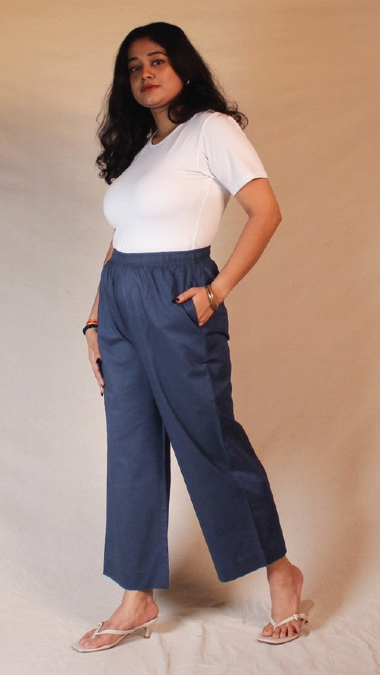 Indigo Blue Cotton Straight Pants for Women | Ray Ethnic