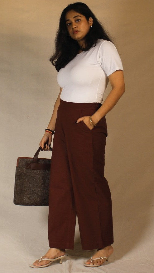 Coffee Brown Airy Cotton Straight Trousers for Women | Ray Ethnic