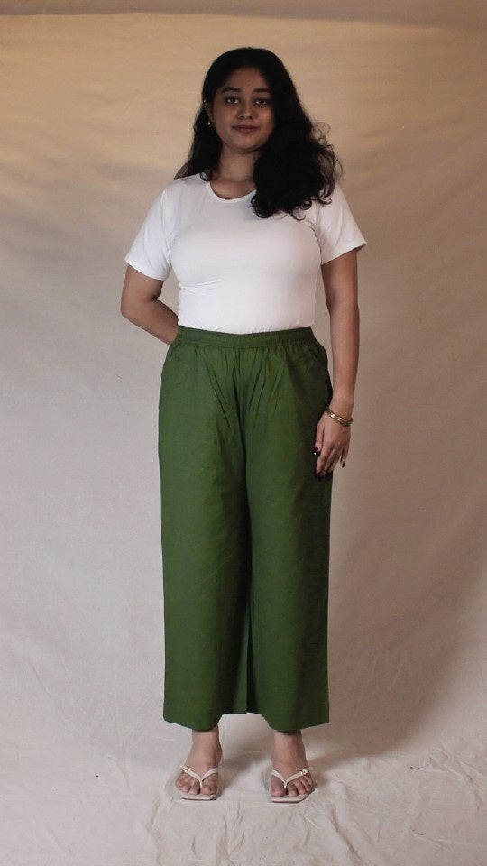 Green Cotton Straight Pants for Women | Ray Ethnic