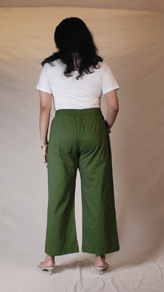 Green Cotton Straight Pants with Pockets | Ray Ethnic