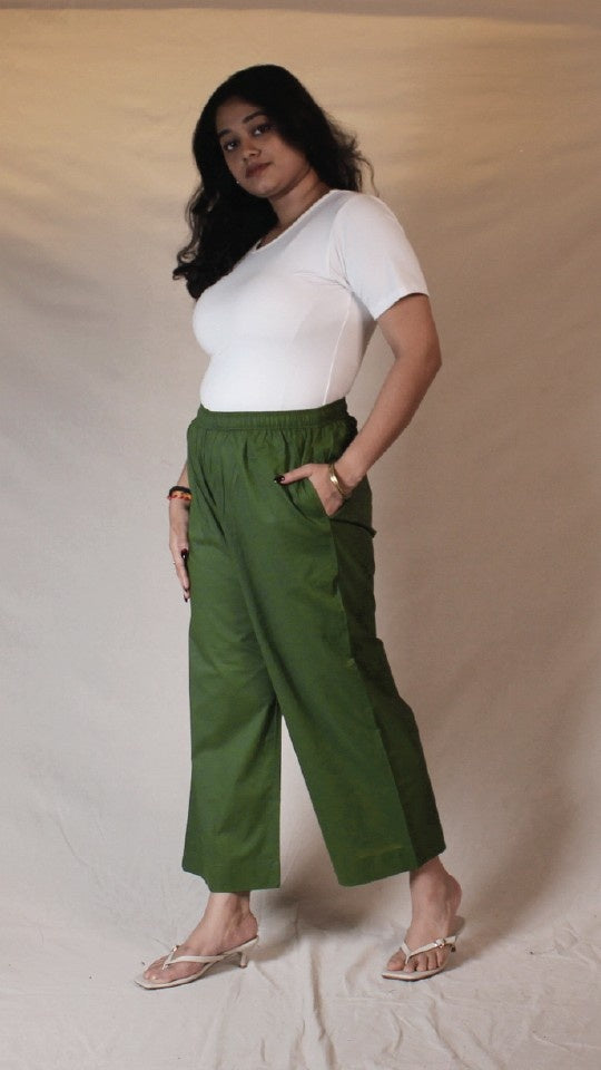 Green Cotton Straight Pants with Pockets | Ray Ethnic