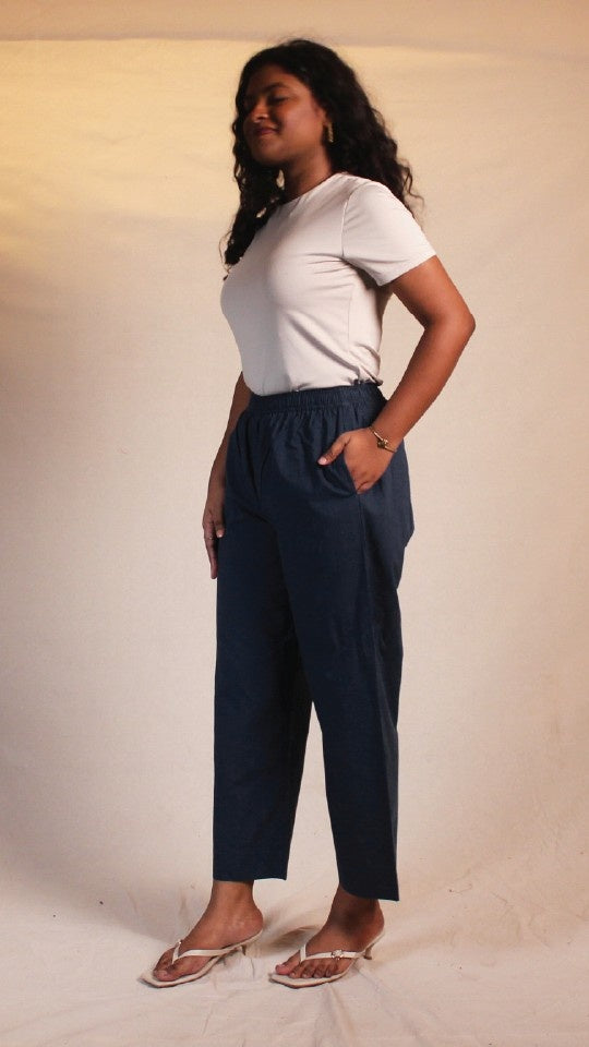 Navy Blue Cotton Straight Pants for Women | Ray Ethnic