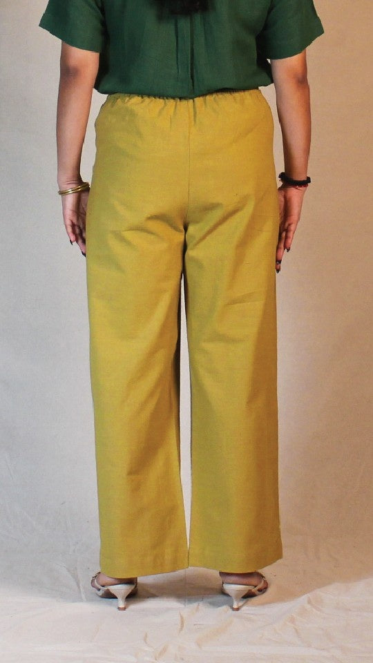 Green Beige Airy Cotton Straight Trousers for Women | Ray Ethnic