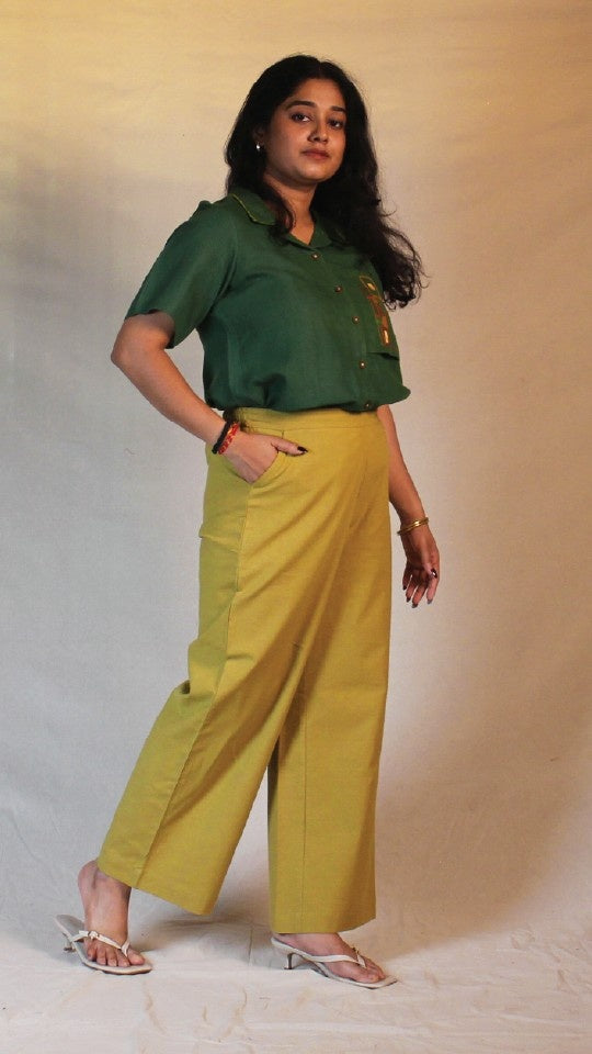 Green Beige Airy Cotton Straight Trousers for Women | Ray Ethnic