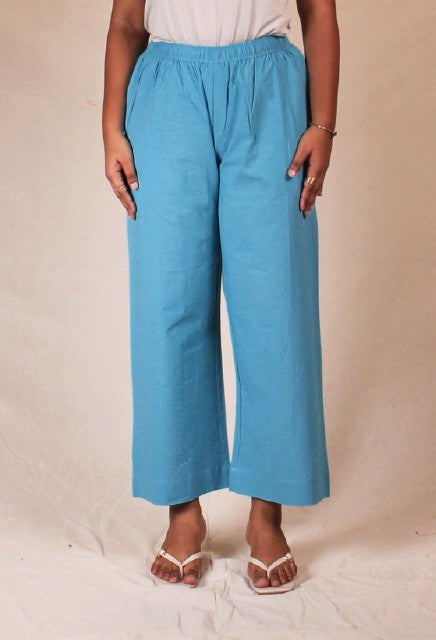 Aqua Blue Women's Cotton Straight Pants with Pockets | Ray Ethnic