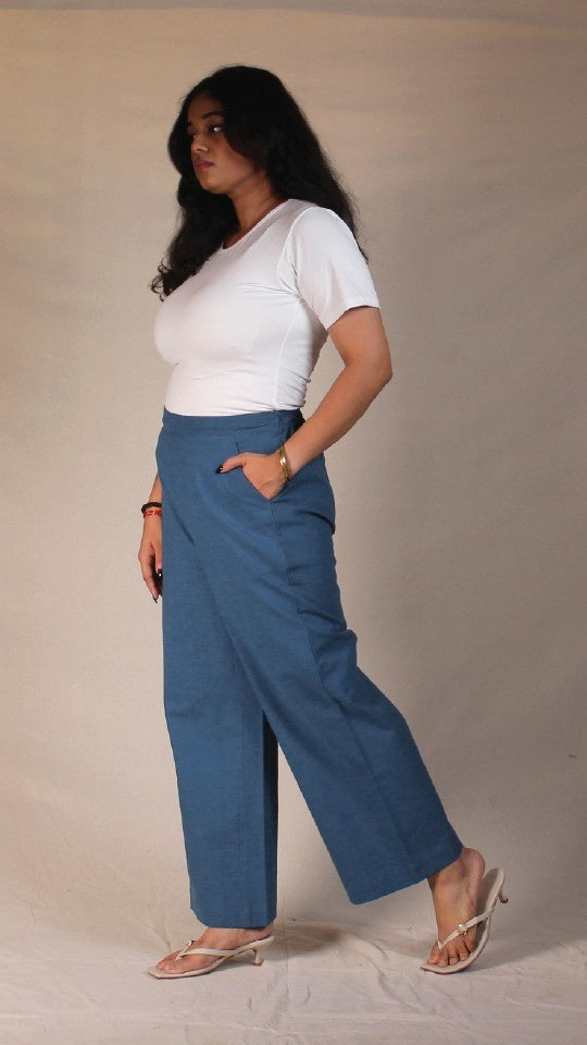 Blue Airy Cotton Straight Trousers for Women | Ray Ethnic