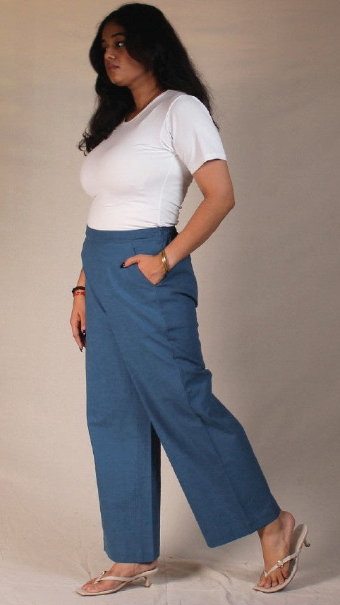Blue Airy Cotton Straight Trousers for Women | Ray Ethnic