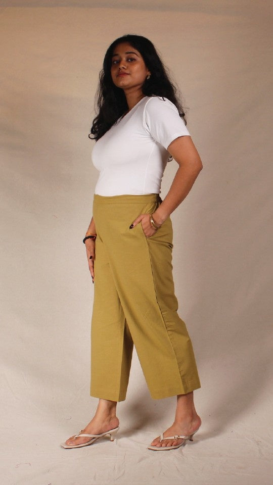 Green Beige Cotton Easy Pants for Women | Ray Ethnic