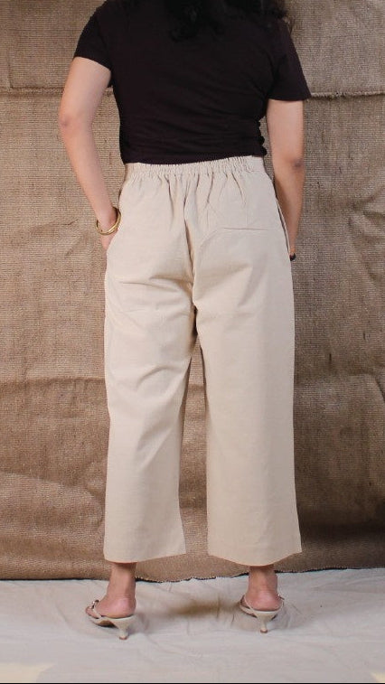 Beige Cotton Easy Pants for Women | Ray Ethnic