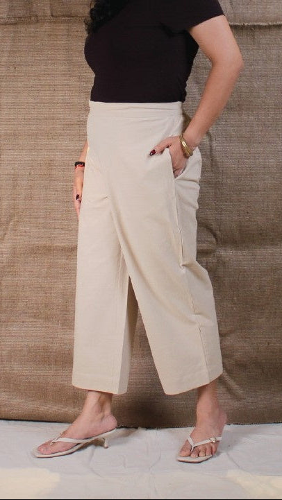 Beige Cotton Easy Pants for Women | Ray Ethnic