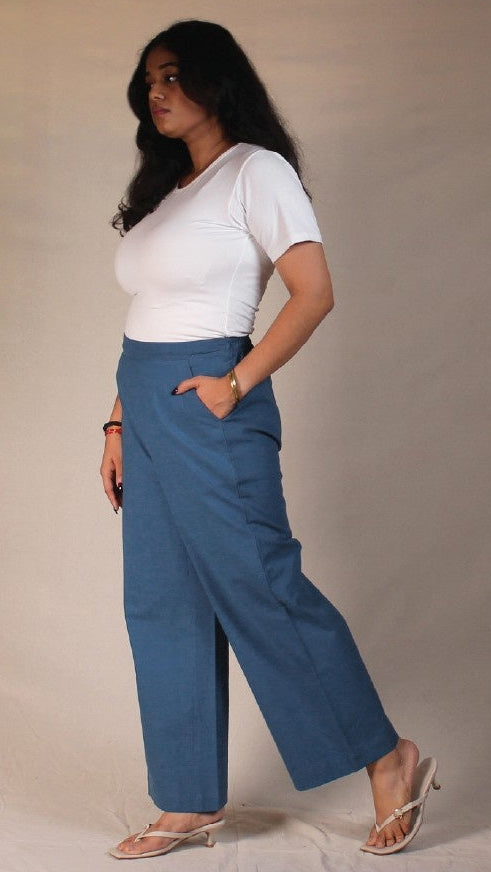 Blue Airy Cotton Straight Trousers for Women | Ray Ethnic