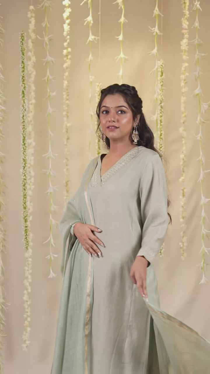 Ek Dor Grey Striped Tissue Silk Kurta Set with Machine Embroidery – Set of Three