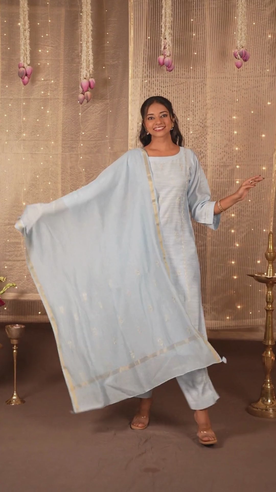 Ray Ethnic The Ira Sky Blue Cotton Silk Slub Set of Three with Hand Embroidery