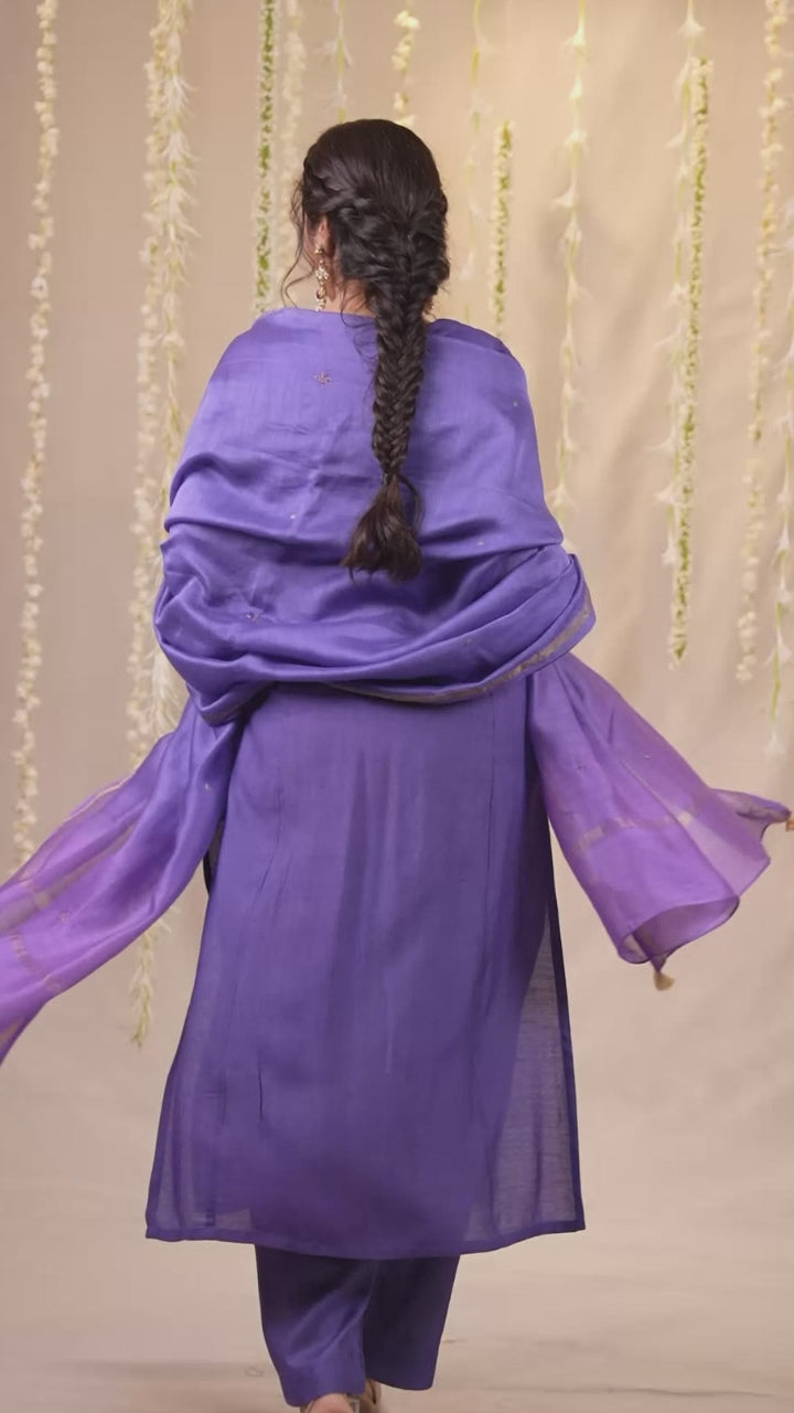 Ek Dor Hand Embroidered Tissue Silk Kurta Set in Violet- Set of Three