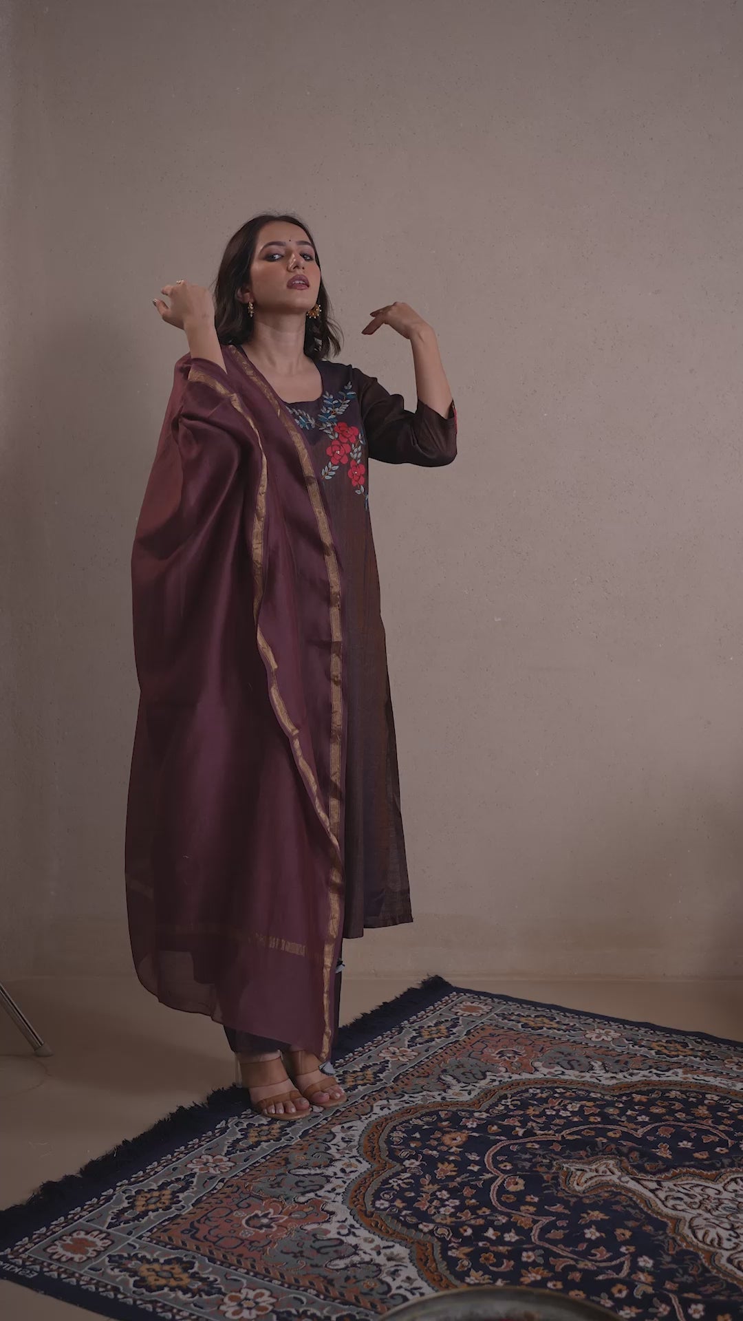Raysham Dark Brown Hand Embroidered Cotton Silk Set of 3 | Ray-ethnic