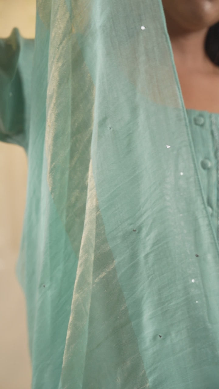 Ek Dor Sea Green Striped Tissue Silk Kurta Set– Set of Three