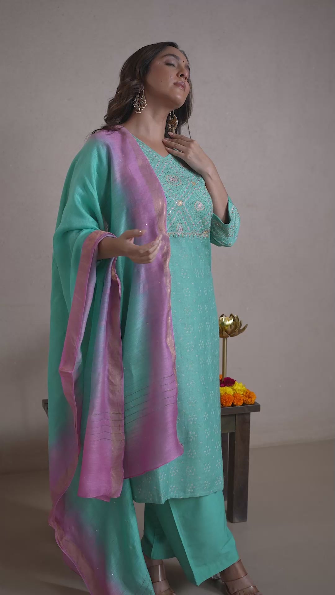 Raysham Sea Green Bandhani Tusser Silk Set of 3 | Ray-ethnic