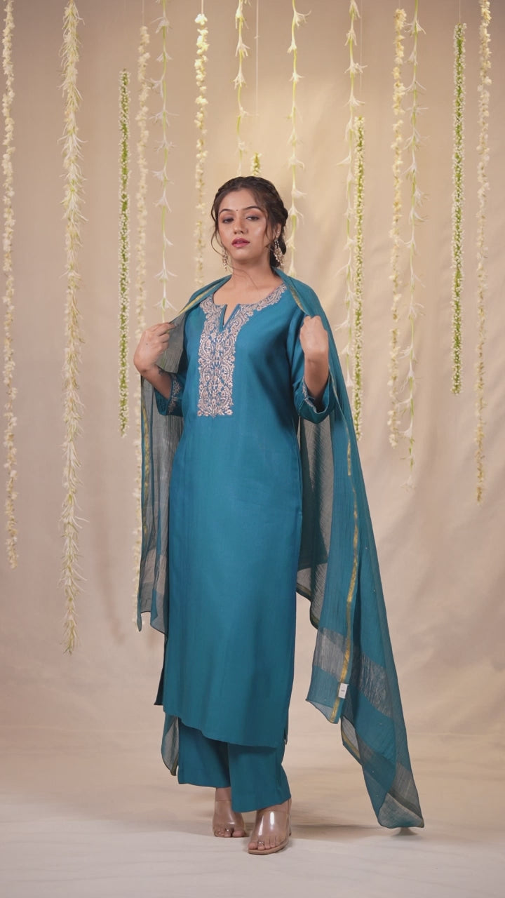 Ek Dor Machine Embroidered Cotton Silk Kurta Set with Dupatta - Set of Three