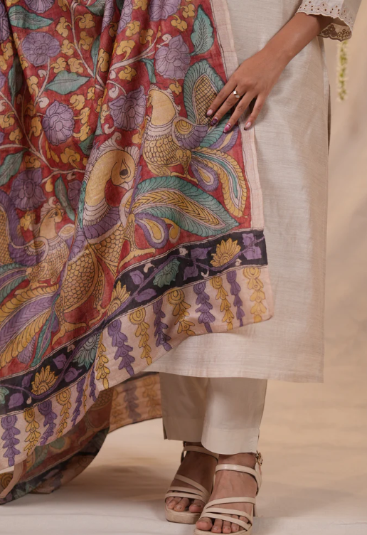 Ek Dor Beige Muga Silk Kurta with Machine Embroidery