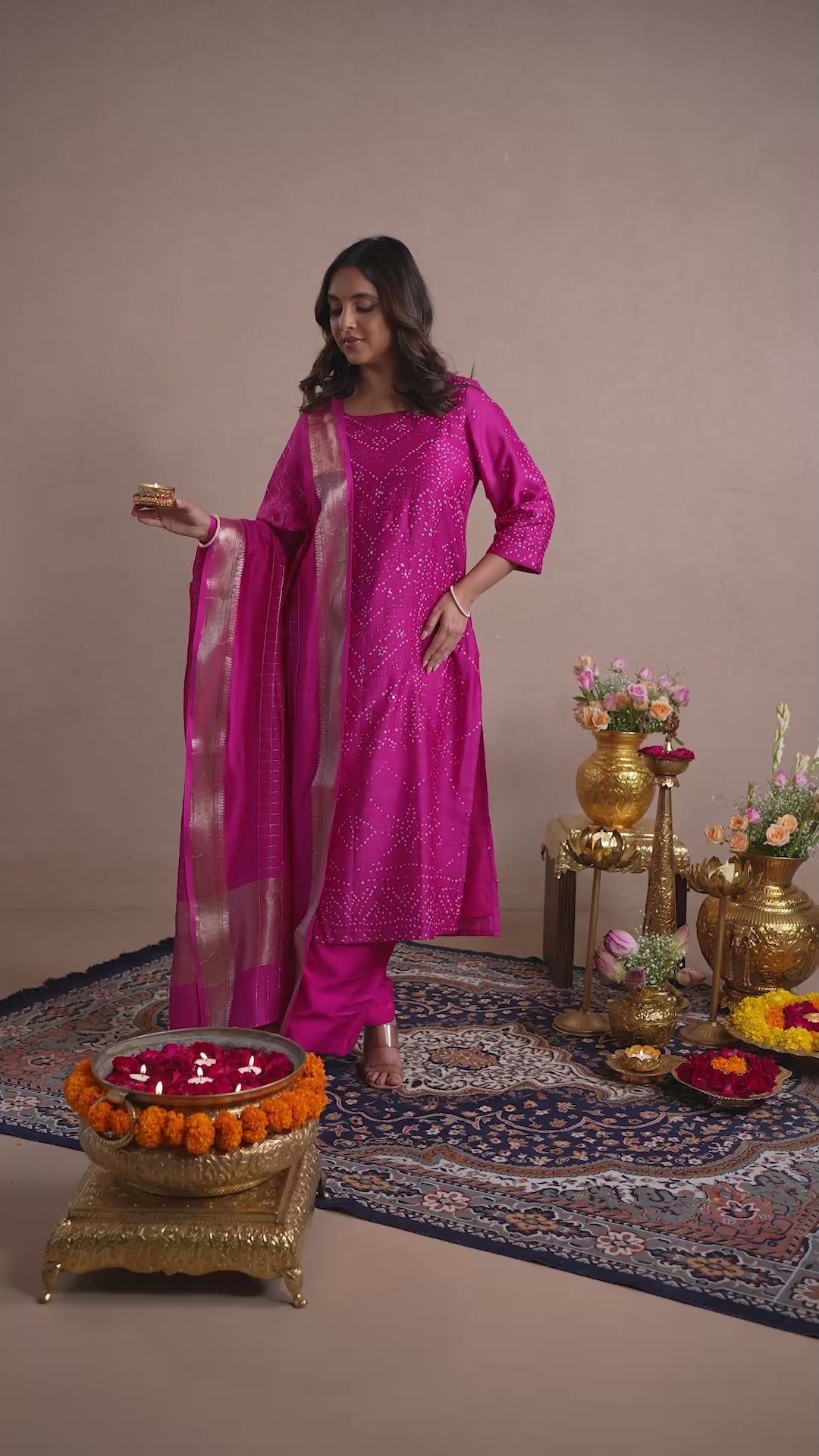 Raysham Rani Pink Bandhani Tusser Silk Set of 3 | Ray-ethnic
