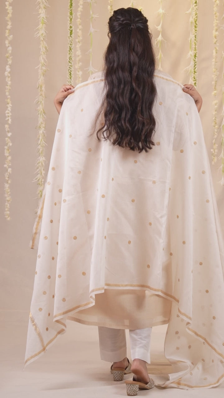 Ek Dor Cream Muga Silk Kurta with Machine Embroidery