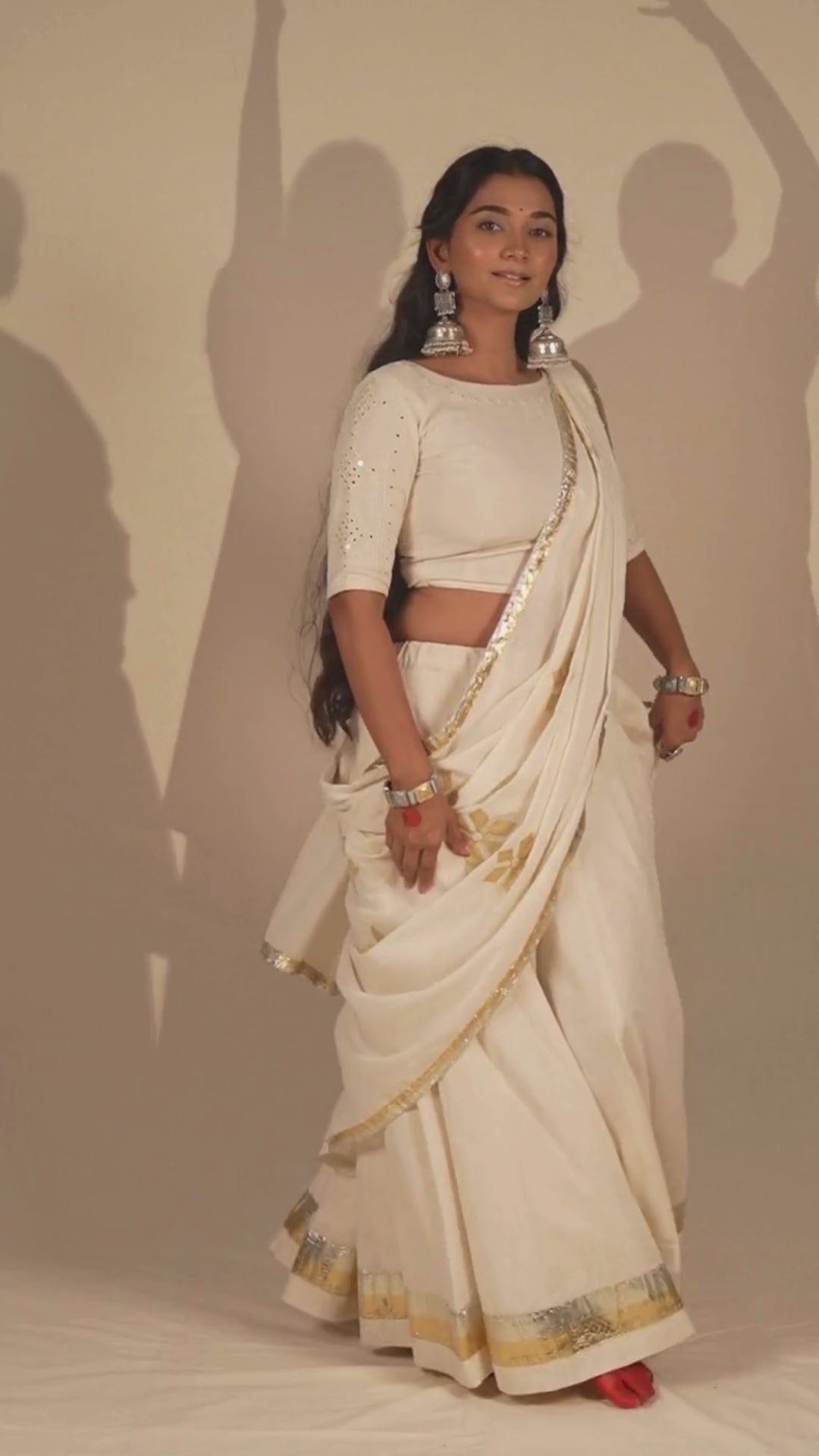 Handcrafted Thick Cotton Skirt in Off-White with Golden & Silver Detailing – NavRas
