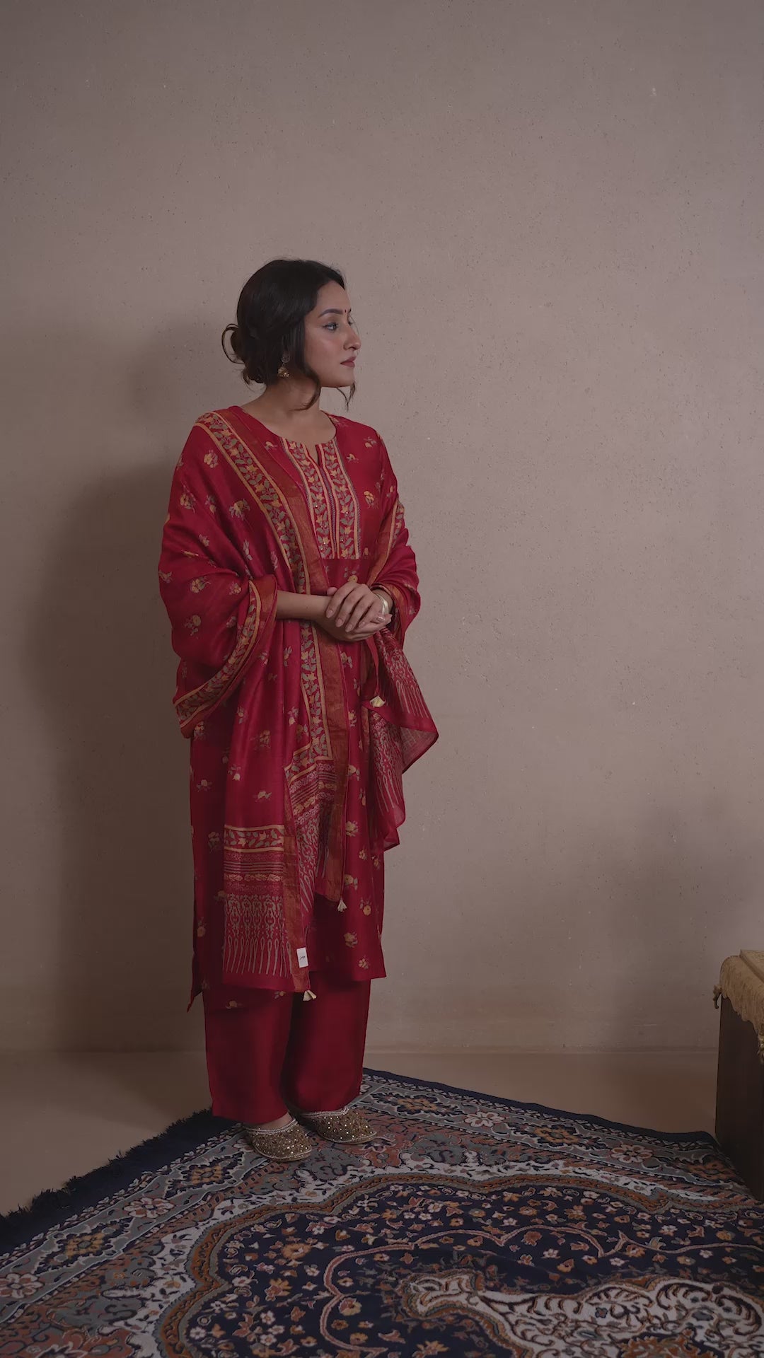 Raysham Red Block Printed Munga Silk Set of 3 | Ray-ethnic