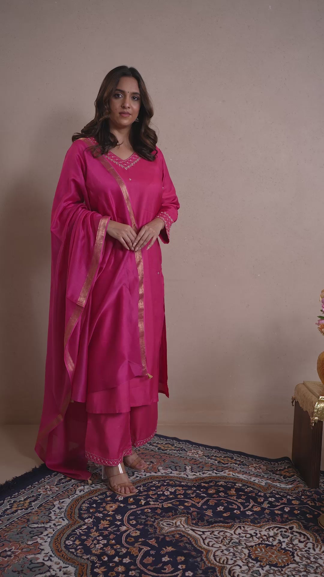 Raysham Rani Pink Embroidered Cotton Silk Set of 3 | Ray-ethnic