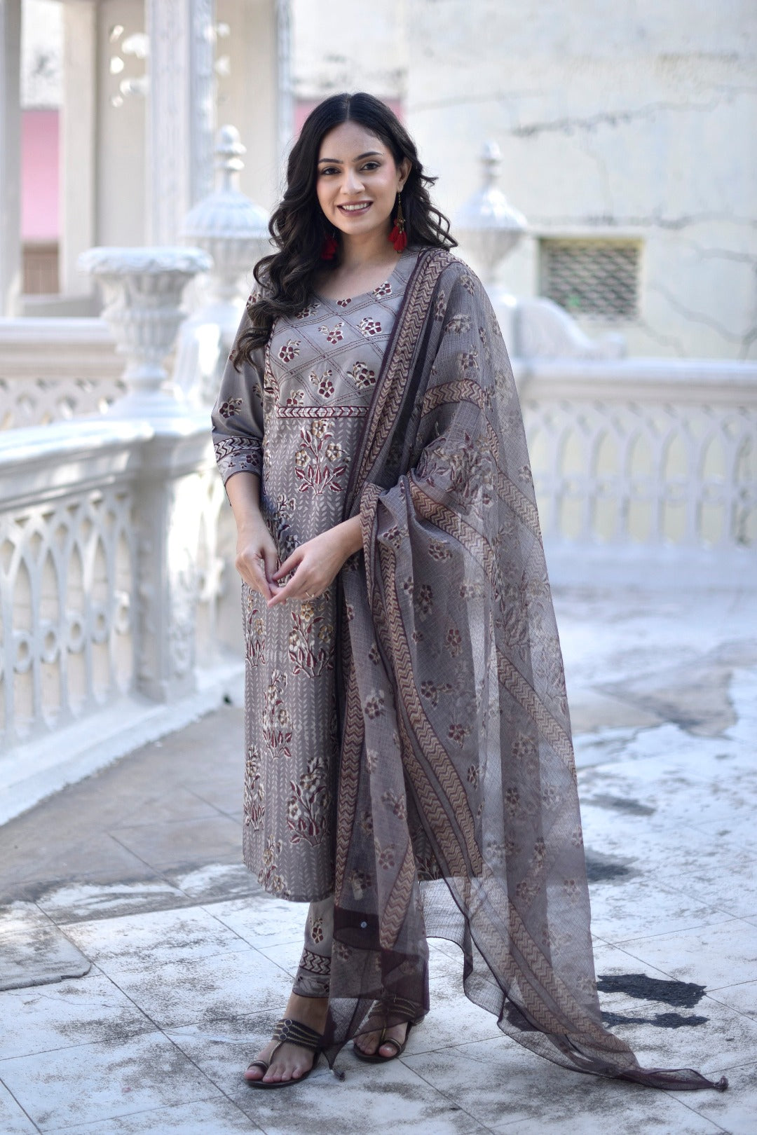 Taraasha Grey Dabu Print Cotton Kurta and Bottom Set | Ray-Ethnic