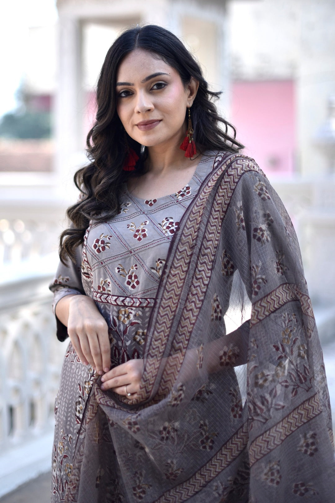 Taraasha Grey Dabu Print Cotton Kurta and Bottom Set | Ray-Ethnic