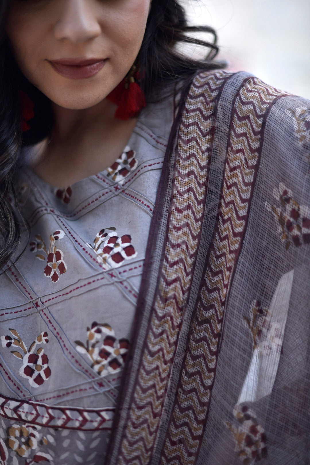 Taraasha Grey Dabu Print Cotton Kurta and Bottom Set | Ray-Ethnic
