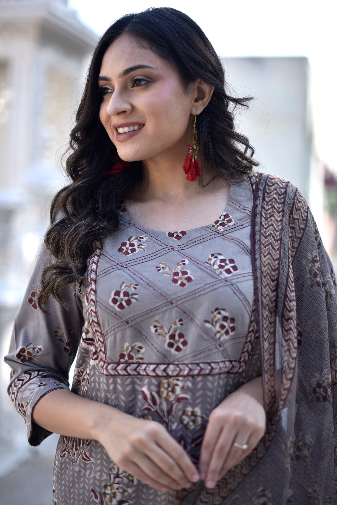 Taraasha Grey Dabu Print Cotton Kurta and Bottom Set | Ray-Ethnic