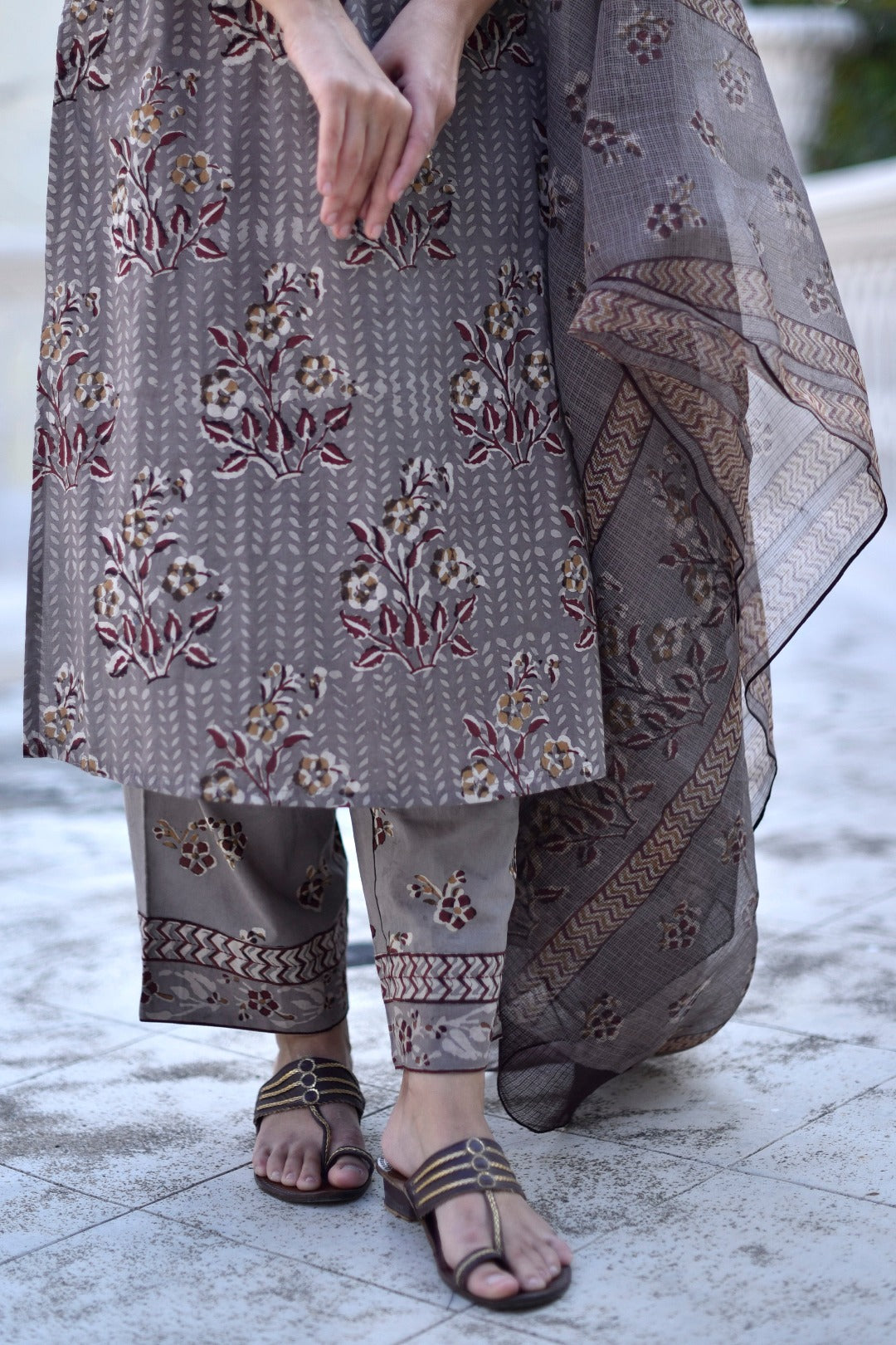 Taraasha Grey Dabu Print Cotton Kurta and Bottom Set | Ray-Ethnic