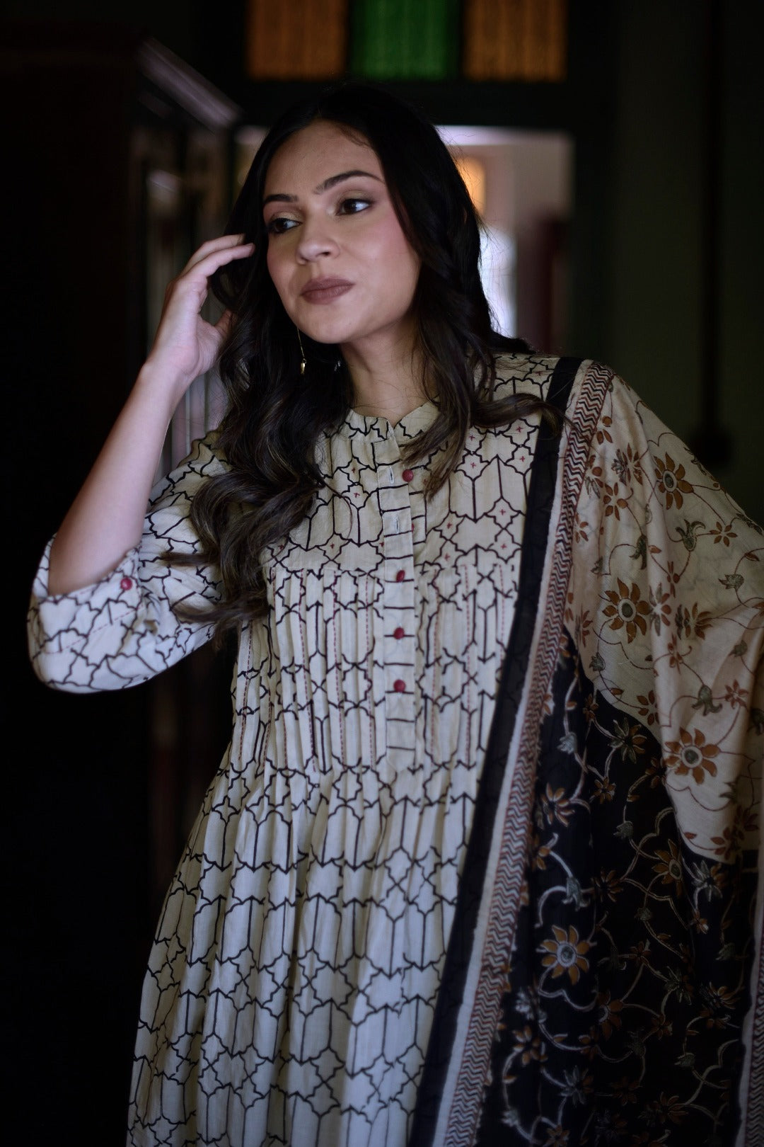 Taraasha Beige Dabu Block Print Cotton Kurta | Ray - Ethnic
