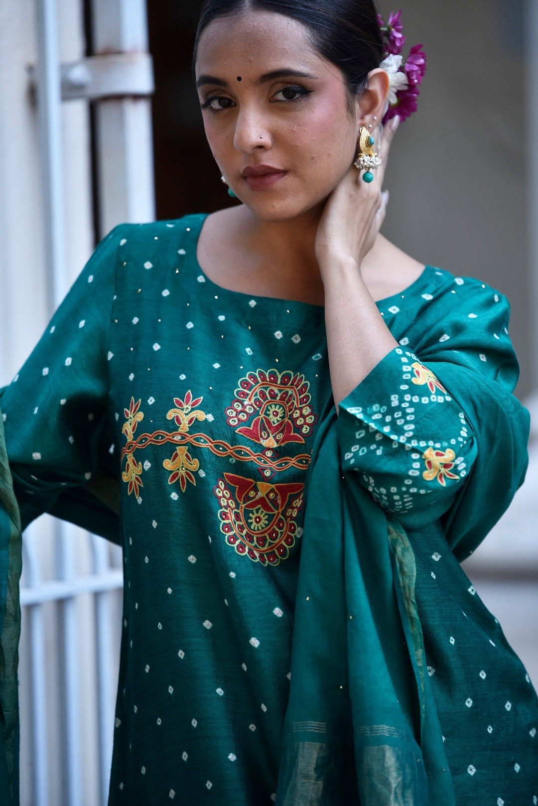 Sitara Green Embroidered Munga Silk Kurta Bottom Dupatta Set | Ray Ethnic