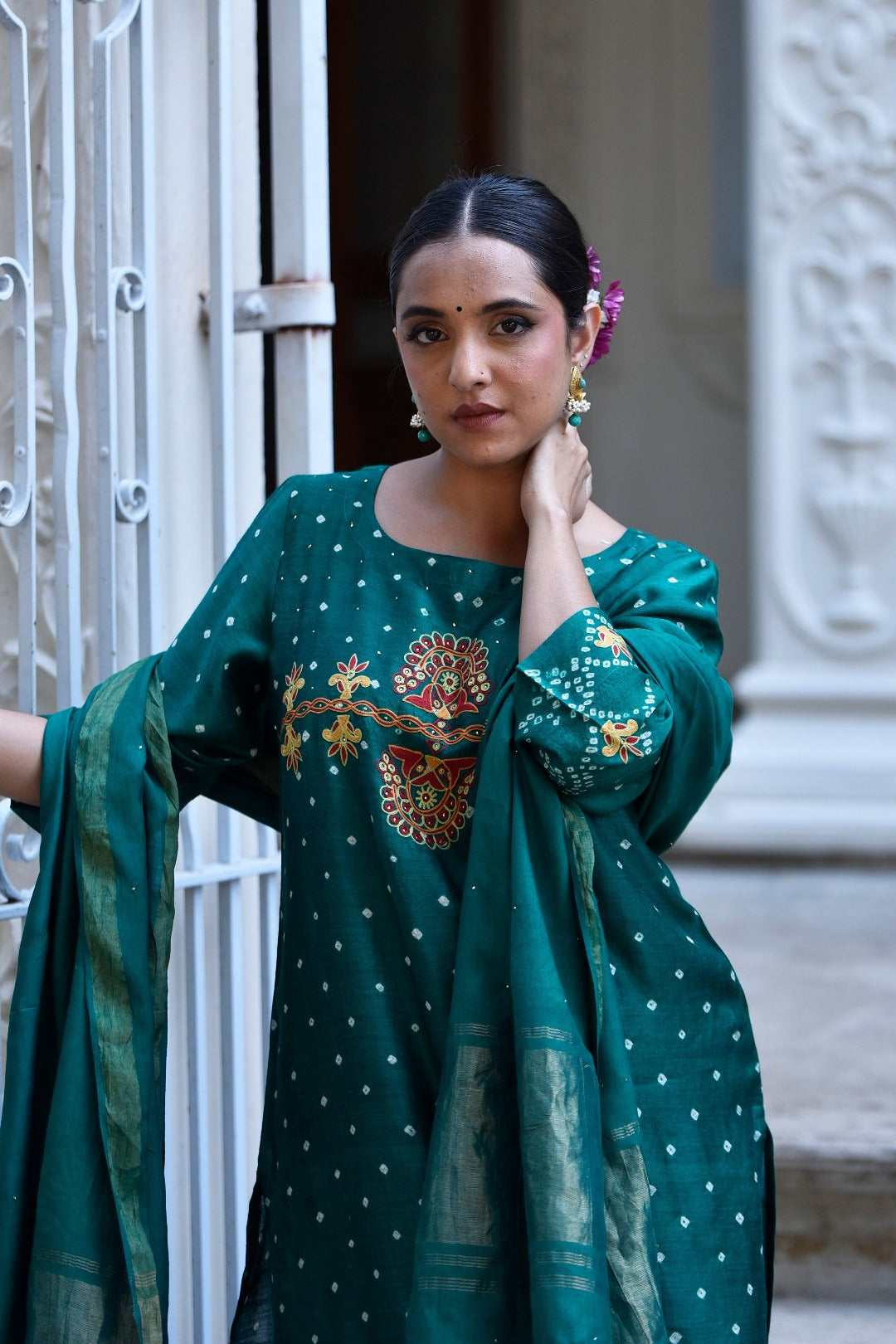 Sitara Green Embroidered Munga Silk Kurta Bottom Dupatta Set | Ray Ethnic