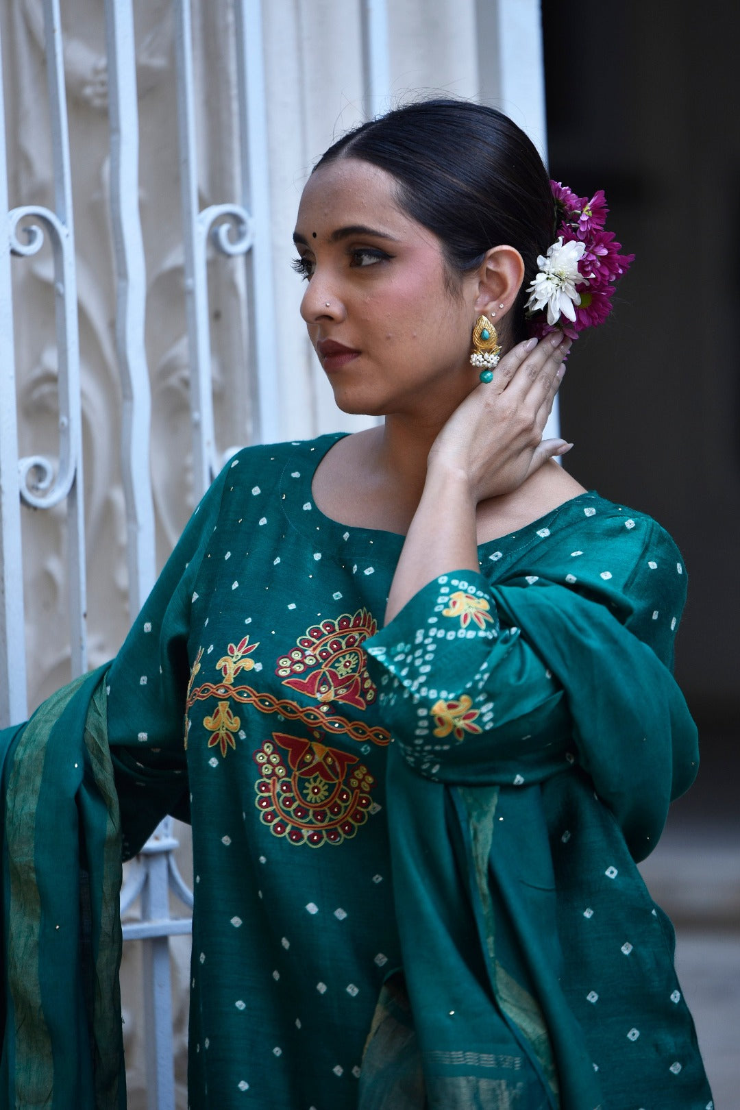 Sitara Green Embroidered Munga Silk Kurta Bottom Dupatta Set | Ray Ethnic