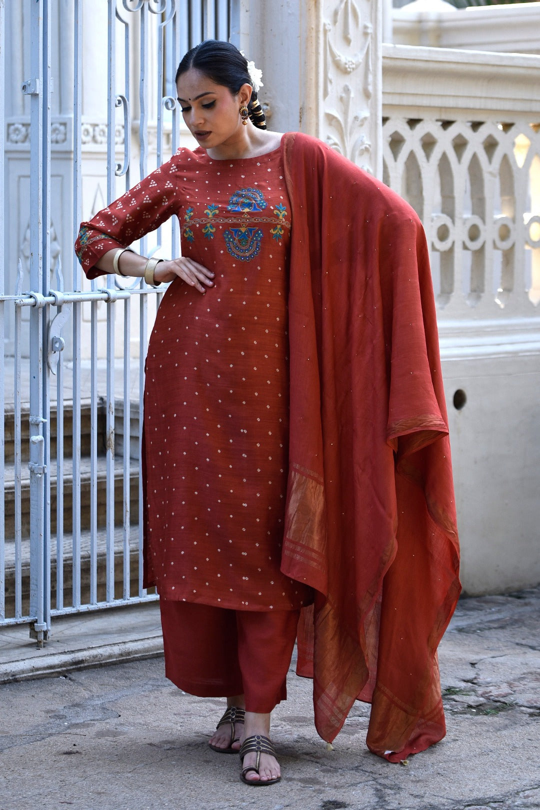 Sitara Rust Embroidered Munga Silk Kurta Bottom Dupatta Set | Ray Ethnic